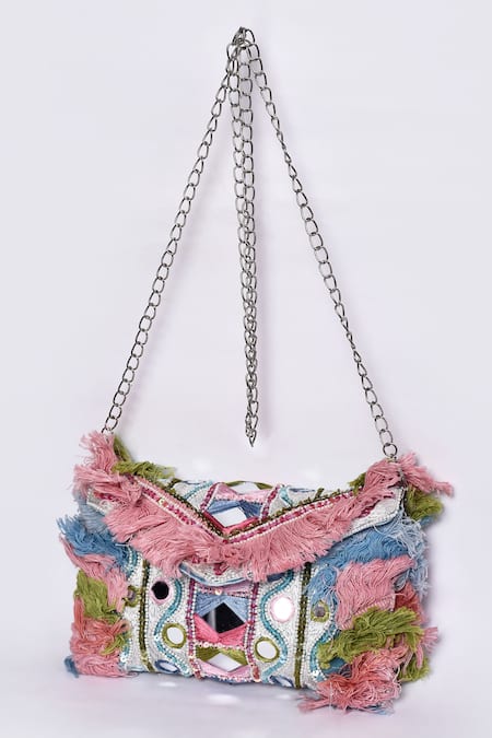 Adara Khan Multi Color Threads Mirror Hand Embroidered Boho Sling Bag