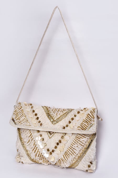 Adara Khan White Thread Hand Embroidered Handcrafted Sling Bag