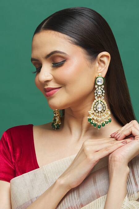 Our Purple Studio Gold Plated Metallic Thread, Beads Kundan Embellished Dangler Earrings Online at Aza Fashions Our Purple Studio_Gold Plated Metallic Thread, Beads Kundan Embellished Dangler Earrings _Online_at_Aza_Fashions