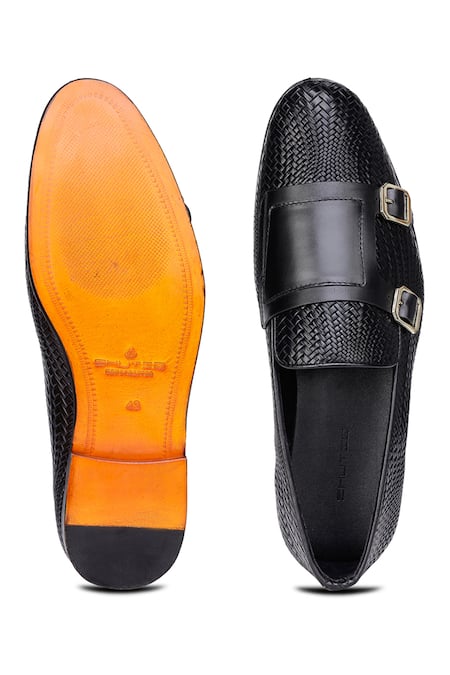 Shop_Shutiq_Black Textured Herringbone Double Monk Shoes _at_Aza_Fashions
