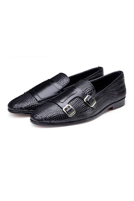 Shutiq_Black Textured Herringbone Double Monk Shoes _Online_at_Aza_Fashions