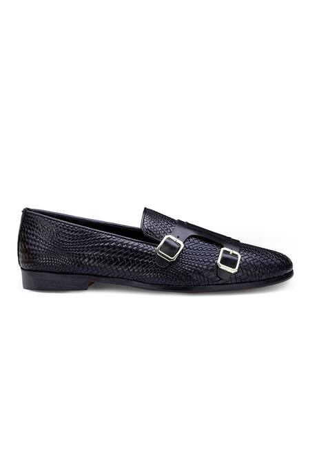 Buy_Shutiq_Black Textured Herringbone Double Monk Shoes _Online_at_Aza_Fashions