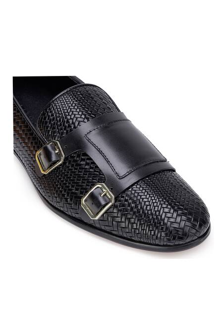 Shop_Shutiq_Black Textured Herringbone Double Monk Shoes _Online_at_Aza_Fashions