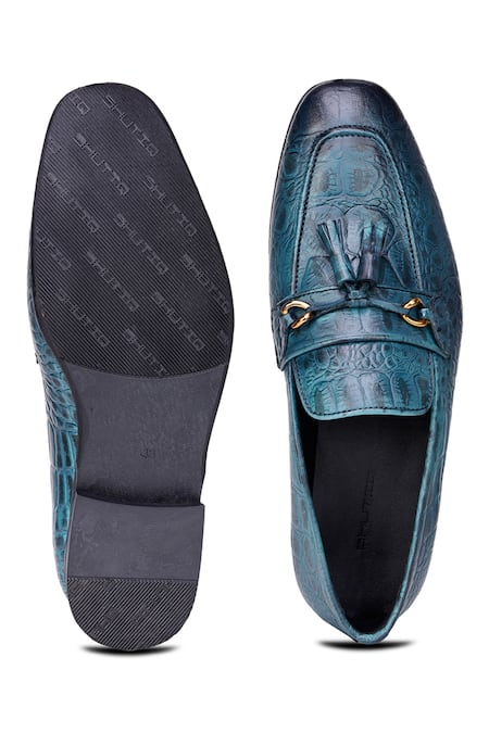 Shop Shutiq Blue Textured Nina Leather Loafers at Aza Fashions Shop_Shutiq_Blue Textured Nina Leather Loafers _at_Aza_Fashions