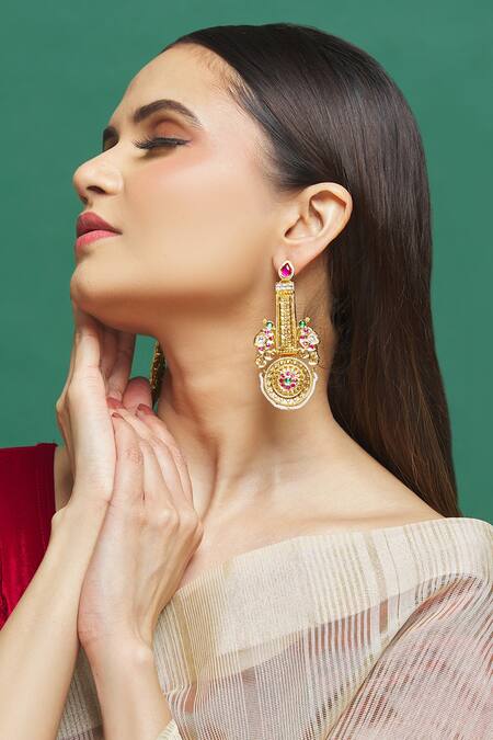 Our Purple Studio Gold Plated Stones, Beads Peacock Design Dangler Earrings Online at Aza Fashions Our Purple Studio_Gold Plated Stones, Beads Peacock Design Dangler Earrings _Online_at_Aza_Fashions