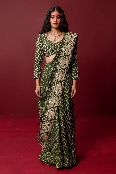 Bottle Green Bandhani Saree