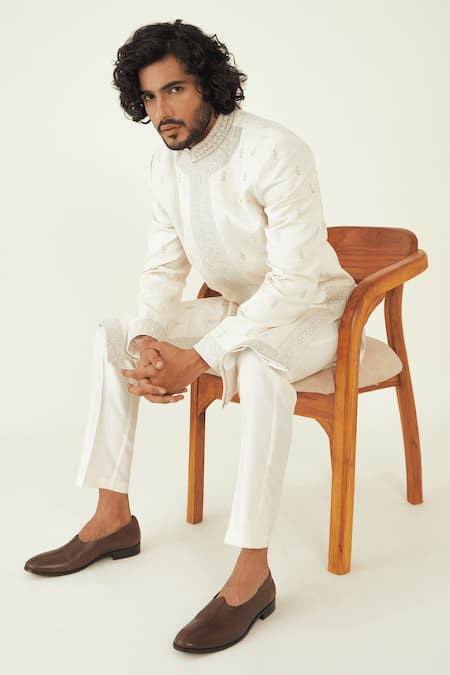 Ridhimaa Gupta_Off White Viscose, Silk Embroidery Aarzoo Zari Sherwani Set _Online_at_Aza_Fashions