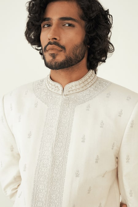 Shop_Ridhimaa Gupta_Off White Viscose, Silk Embroidery Aarzoo Zari Sherwani Set _Online_at_Aza_Fashions