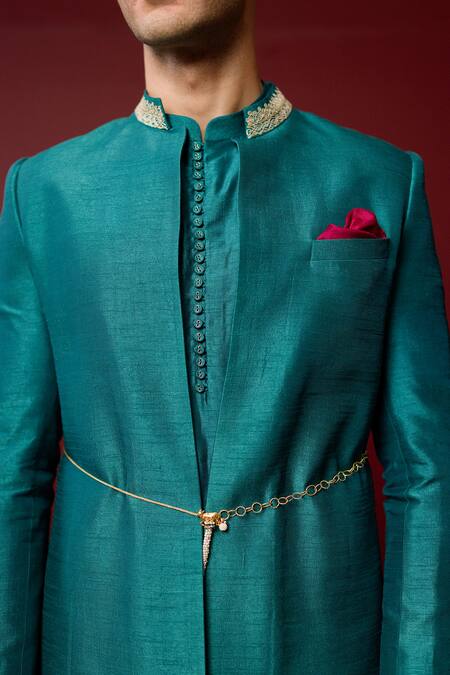 Buy_Ridhimaa Gupta_Blue Viscose, Silk Zari Avyaa Plain Open Sherwani Set _Online_at_Aza_Fashions