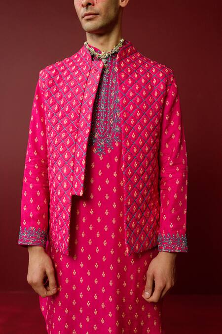 Buy_Ridhimaa Gupta_Pink Viscose, Silk Embroidery Quilted Bundi _Online_at_Aza_Fashions