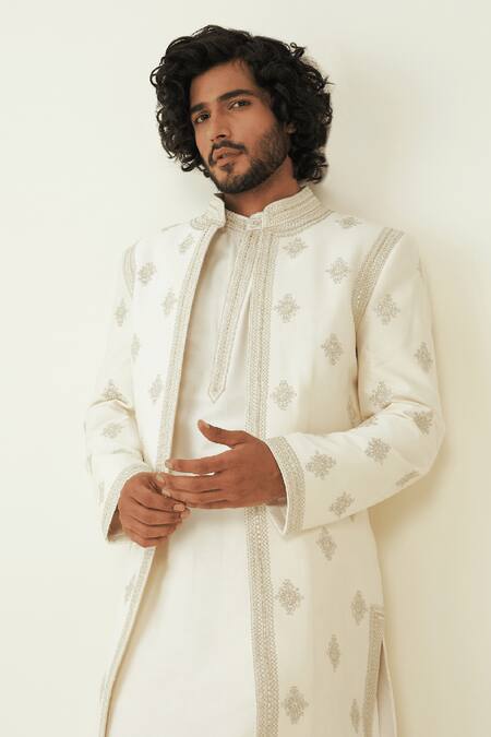 Buy_Ridhimaa Gupta_Off White Viscose, Silk Diamonds, Zari Farren Embroidered Sherwani Kurta Set _Online_at_Aza_Fashions