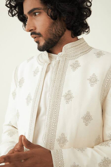 Shop_Ridhimaa Gupta_Off White Viscose, Silk Diamonds, Zari Farren Embroidered Sherwani Kurta Set _Online_at_Aza_Fashions