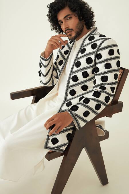 Shop_Ridhimaa Gupta_White Cotton Embroidery Modern Manifesto Resham Jacket Kurta Set _Online_at_Aza_Fashions
