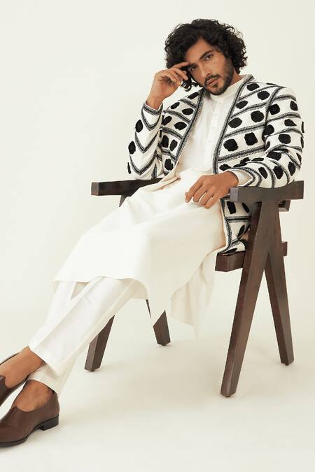 Buy_Ridhimaa Gupta_White Cotton Embroidery Modern Manifesto Resham Jacket Kurta Set 