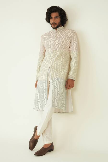 Buy_Ridhimaa Gupta_Off White Viscose, Silk Munavvar Resham Geometric Pattern Sherwani Set _Online_at_Aza_Fashions