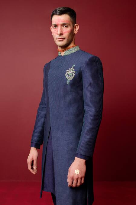 Ridhimaa Gupta_Blue Viscose, Silk Zari, Piping Rudra Pintucked Sherwani Kurta Set _Online_at_Aza_Fashions
