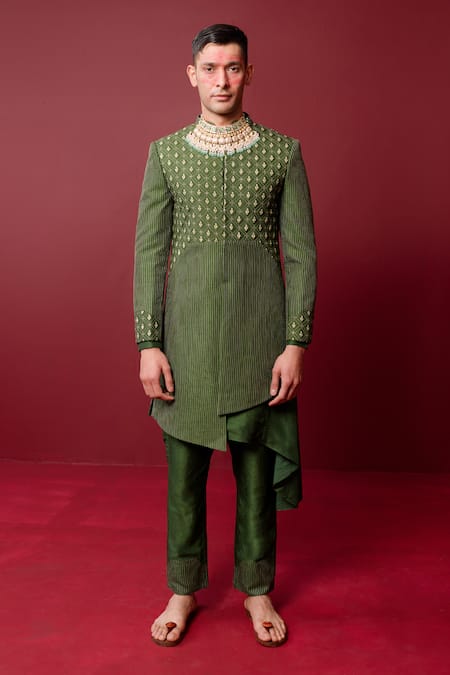 Ridhimaa Gupta Green Viscose Raw Silk Embroidered Satya Quilted Asymmetric Sherwani Set 