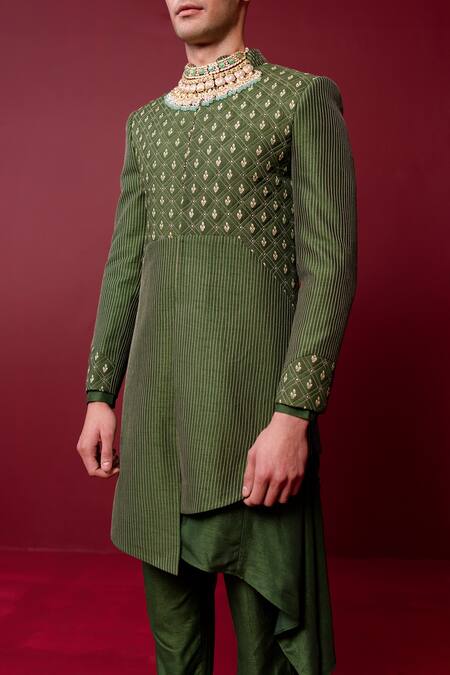 Ridhimaa Gupta_Green Viscose, Silk, Cotton Embroidery Satya Quilted Asymmetric Sherwani Set _Online_at_Aza_Fashions