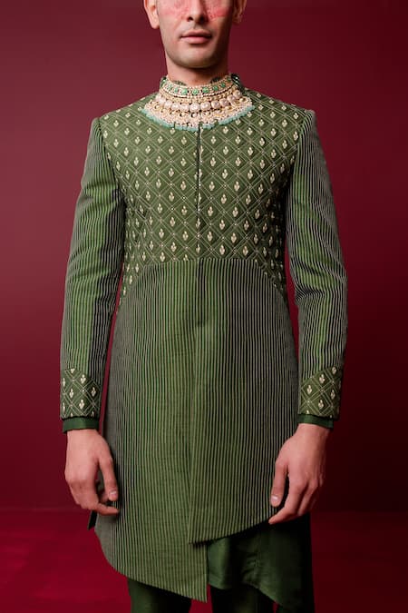 Buy_Ridhimaa Gupta_Green Viscose, Silk, Cotton Embroidery Satya Quilted Asymmetric Sherwani Set _Online_at_Aza_Fashions