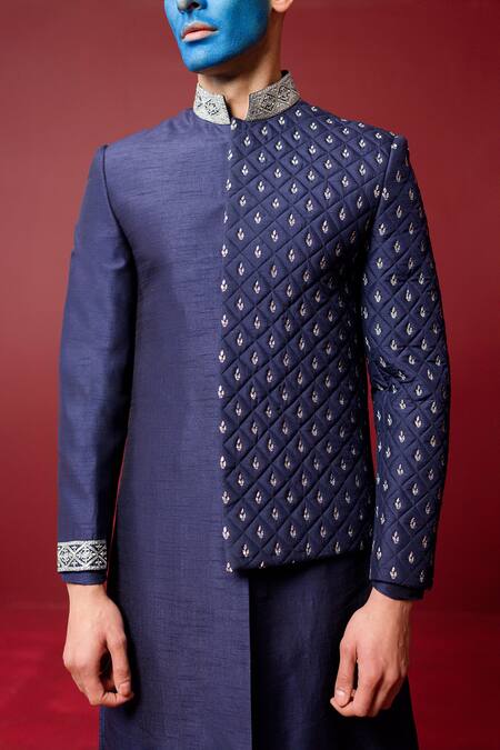 Ridhimaa Gupta_Blue Viscose, Silk, Cotton Embroidery Vishvam Asymmetric Quilted Sherwani Set _Online_at_Aza_Fashions