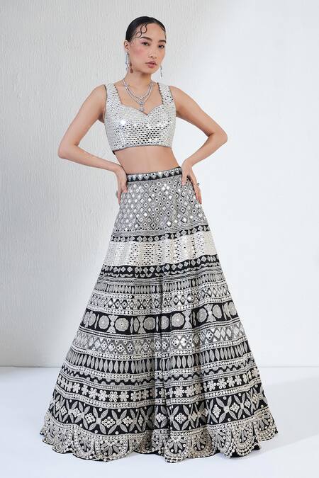 Ridhimaa Gupta_Silver Viscose Mirrors Sweetheart Neck Fleur Work Lehenga And Blouse Set _Online_at_Aza_Fashions