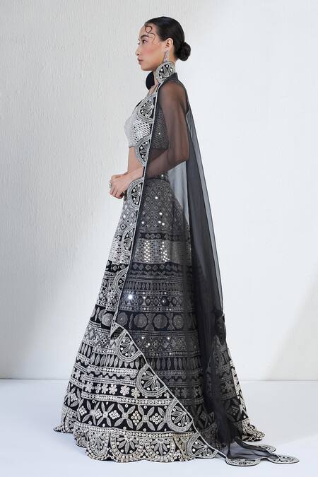 Buy_Ridhimaa Gupta_Silver Viscose Mirrors Sweetheart Neck Fleur Work Lehenga And Blouse Set _Online_at_Aza_Fashions