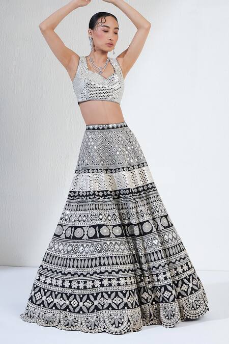 Ridhimaa Gupta_Silver Viscose Mirrors Sweetheart Neck Fleur Work Lehenga And Blouse Set _at_Aza_Fashions