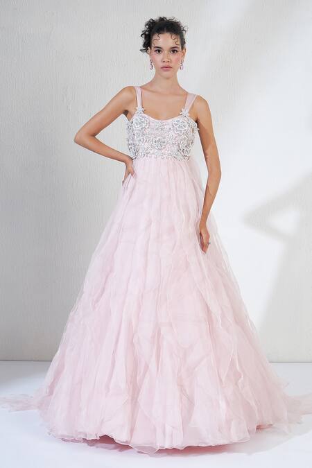 Ridhimaa Gupta Pink Organza Crystals Sweetheart Neck Tulle Rosette Embellished Gown Online at Aza Fashions Ridhimaa Gupta_Pink Organza Crystals Sweetheart Neck Tulle Rosette Embellished Gown _Online_at_Aza_Fashions