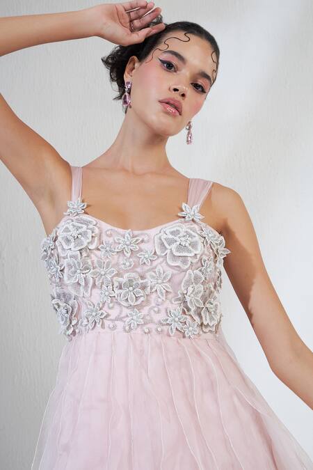 Shop Ridhimaa Gupta Pink Organza Crystals Sweetheart Neck Tulle Rosette Embellished Gown Online at Aza Fashions Shop_Ridhimaa Gupta_Pink Organza Crystals Sweetheart Neck Tulle Rosette Embellished Gown _Online_at_Aza_Fashions