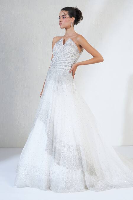 Ridhimaa Gupta_White Organza Pearls, Sequins, Crystals Rhinestone Layered Corset Gown _Online_at_Aza_Fashions