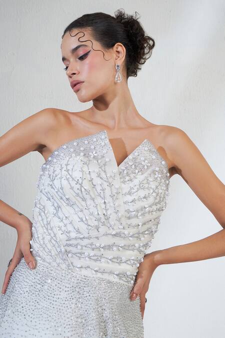Buy_Ridhimaa Gupta_White Organza Pearls, Sequins, Crystals Rhinestone Layered Corset Gown _Online_at_Aza_Fashions