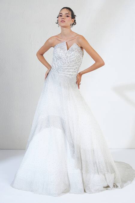 Shop_Ridhimaa Gupta_White Organza Pearls, Sequins, Crystals Rhinestone Layered Corset Gown _Online_at_Aza_Fashions