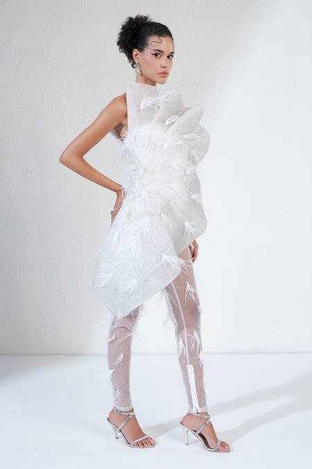 Ridhimaa Gupta_White Organza, Net Rhinestones, Crystals Off-shoulder Mesh Embellished Jumpsuit_Online_at_Aza_Fashions
