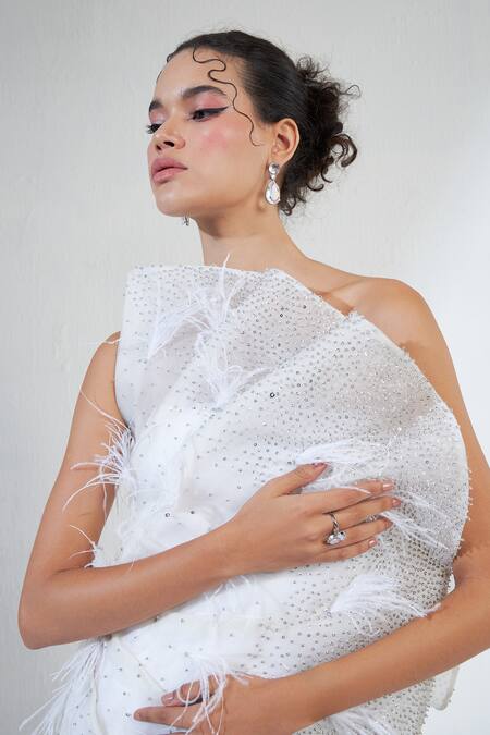 Buy_Ridhimaa Gupta_White Organza, Net Rhinestones, Crystals Off-shoulder Mesh Embellished Jumpsuit_Online_at_Aza_Fashions