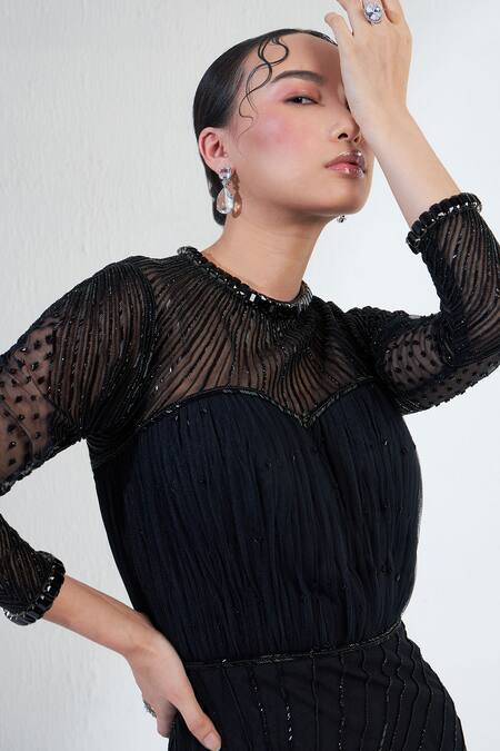 Ridhimaa Gupta_Black Net Crystals Round Neck Nalki Astral Ray Ruched Mermaid Gown _Online_at_Aza_Fashions