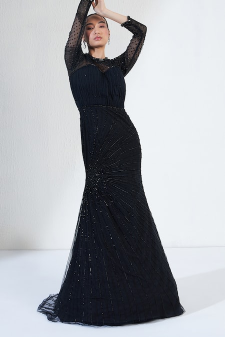 Shop_Ridhimaa Gupta_Black Net Crystals Round Neck Nalki Astral Ray Ruched Mermaid Gown _Online_at_Aza_Fashions