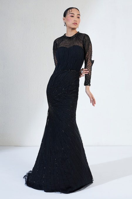 Ridhimaa Gupta_Black Net Crystals Round Neck Nalki Astral Ray Ruched Mermaid Gown _at_Aza_Fashions