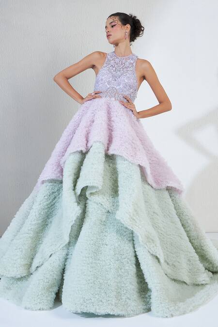 Shop_Ridhimaa Gupta_Purple Net Sequins, Beads Halter Neck Tulle Fleur Meadow Embroidered Gown _Online_at_Aza_Fashions