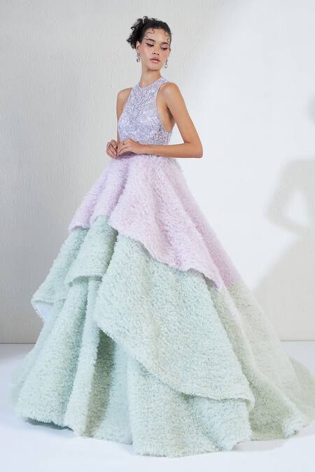 Ridhimaa Gupta_Purple Net Sequins, Beads Halter Neck Tulle Fleur Meadow Embroidered Gown _at_Aza_Fashions