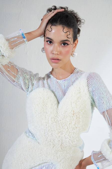 Shop Ridhimaa Gupta Off White Net Sequins, Beads Round Neck Solitary Crystal Tulle Gown Online at Aza Fashions Shop_Ridhimaa Gupta_Off White Net Sequins, Beads Round Neck Solitary Crystal Tulle Gown_Online_at_Aza_Fashions