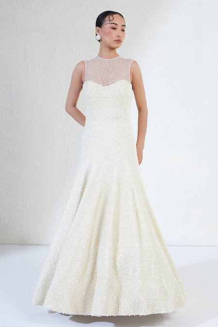 Ridhimaa Gupta_White Net, Satin Pearls Round Neck Embellished Mermaid Gown _Online_at_Aza_Fashions