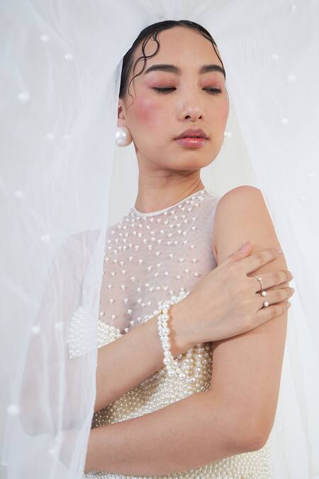 Buy_Ridhimaa Gupta_White Net, Satin Pearls Round Neck Embellished Mermaid Gown _Online_at_Aza_Fashions