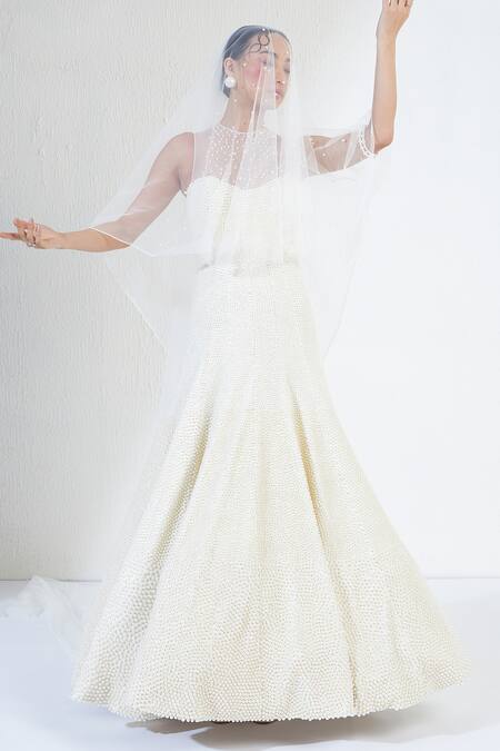 Shop_Ridhimaa Gupta_White Net, Satin Pearls Round Neck Embellished Mermaid Gown _Online_at_Aza_Fashions