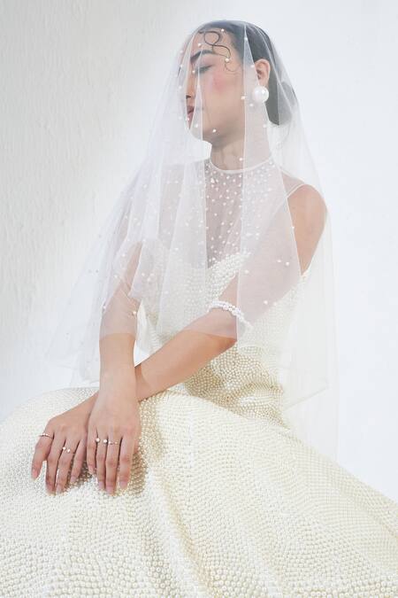 Ridhimaa Gupta_White Net, Satin Pearls Round Neck Embellished Mermaid Gown _at_Aza_Fashions