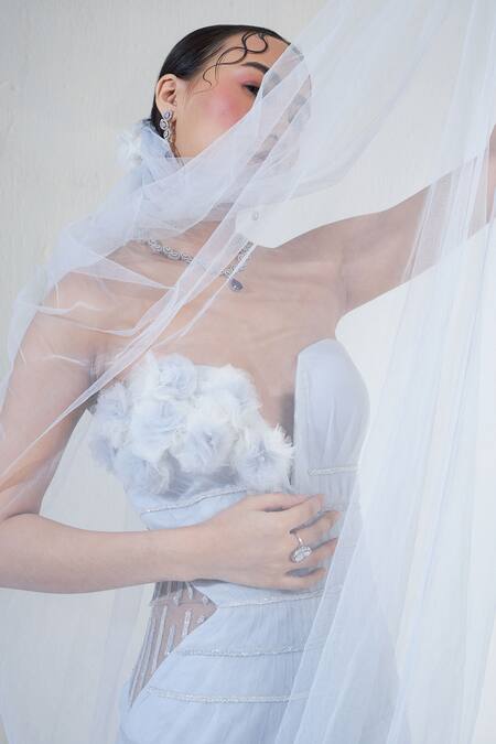 Ridhimaa Gupta_Blue Net Embroidery Off-shoulder, Tulle Florin Embellished Micro Pleated Gown _Online_at_Aza_Fashions