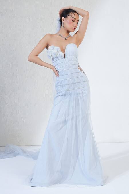 Buy_Ridhimaa Gupta_Blue Net Embroidery Off-shoulder, Tulle Florin Embellished Micro Pleated Gown _Online_at_Aza_Fashions