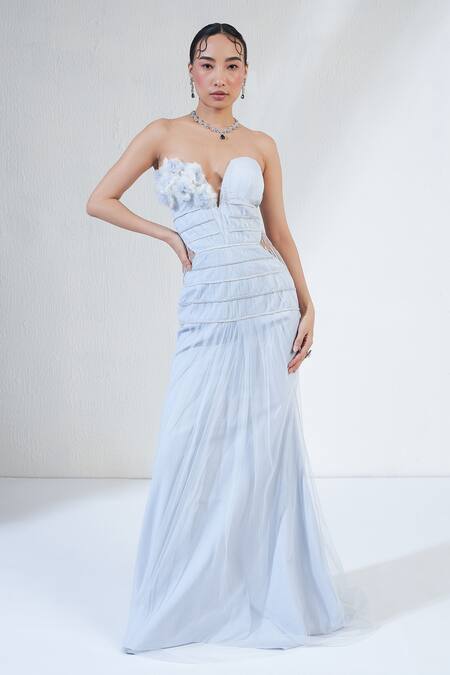 Shop_Ridhimaa Gupta_Blue Net Embroidery Off-shoulder, Tulle Florin Embellished Micro Pleated Gown _Online_at_Aza_Fashions