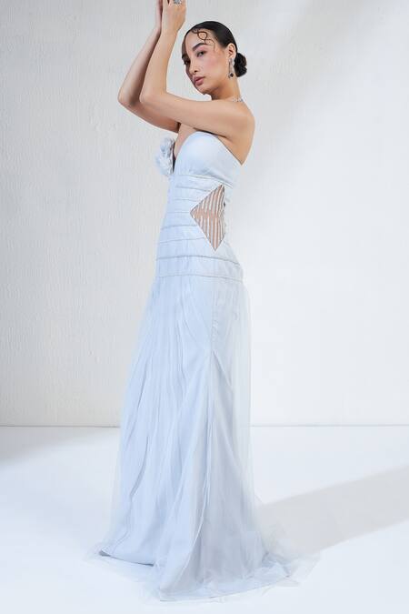 Ridhimaa Gupta_Blue Net Embroidery Off-shoulder, Tulle Florin Embellished Micro Pleated Gown _at_Aza_Fashions