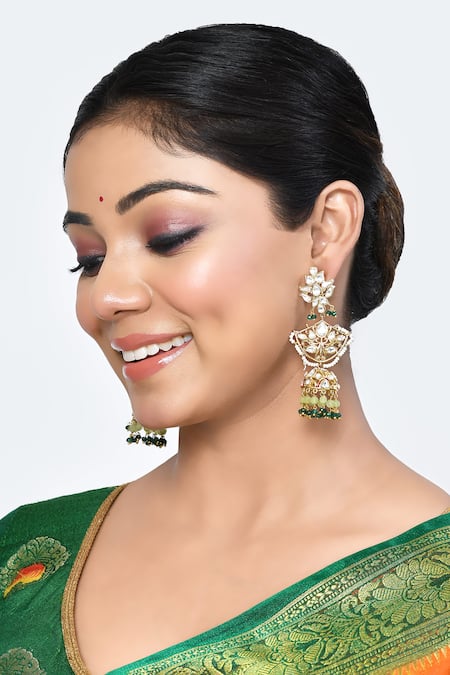 Nepra By Neha Goel Green Emerald Synthetic Floral Kundan Embellished Dangler Earrings