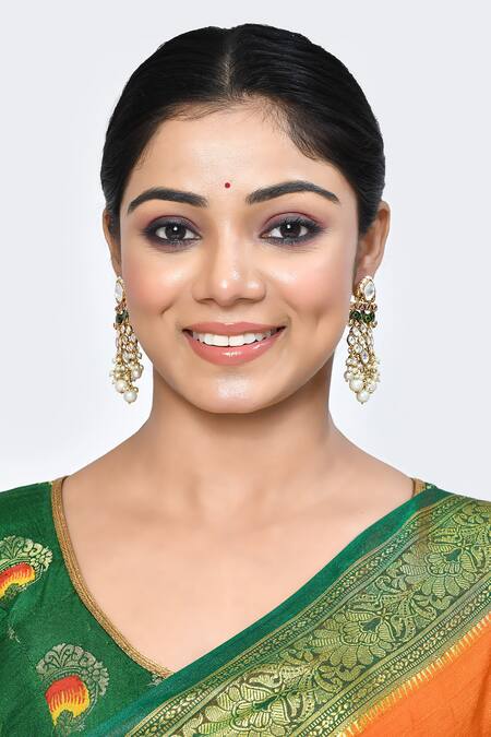 Nepra By Neha Goel_Green Beads, Pearls, Diamonds Drop Danglers_Online_at_Aza_Fashions